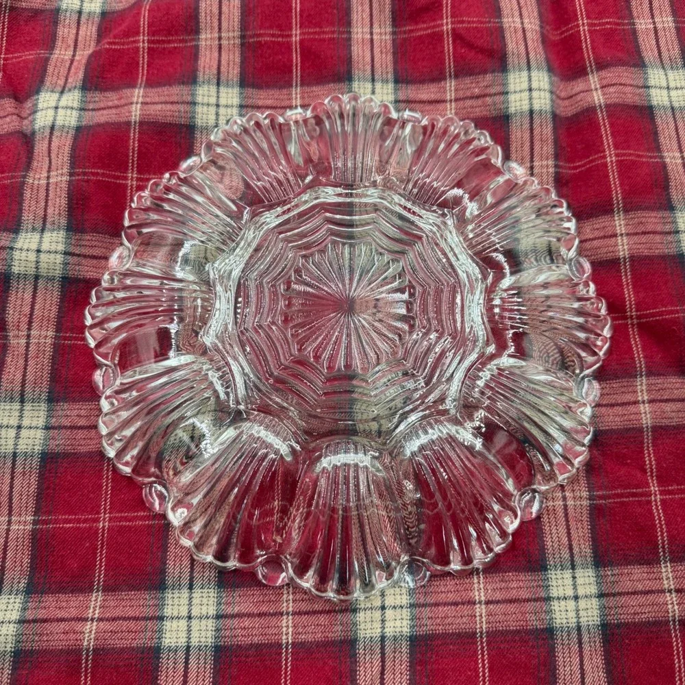 Vintage Clear Pressed Glass Deviled Egg Platter 12 Slot Scalloped Sunburst Tray